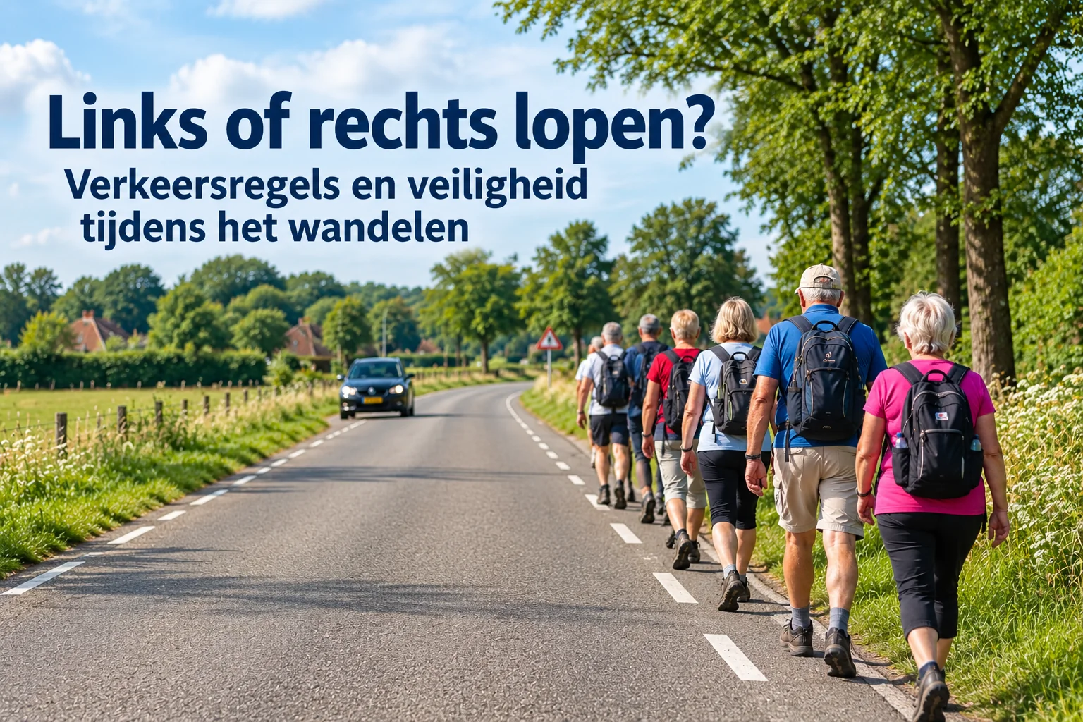 Wandelgroep loopt rechts langs een landelijke weg