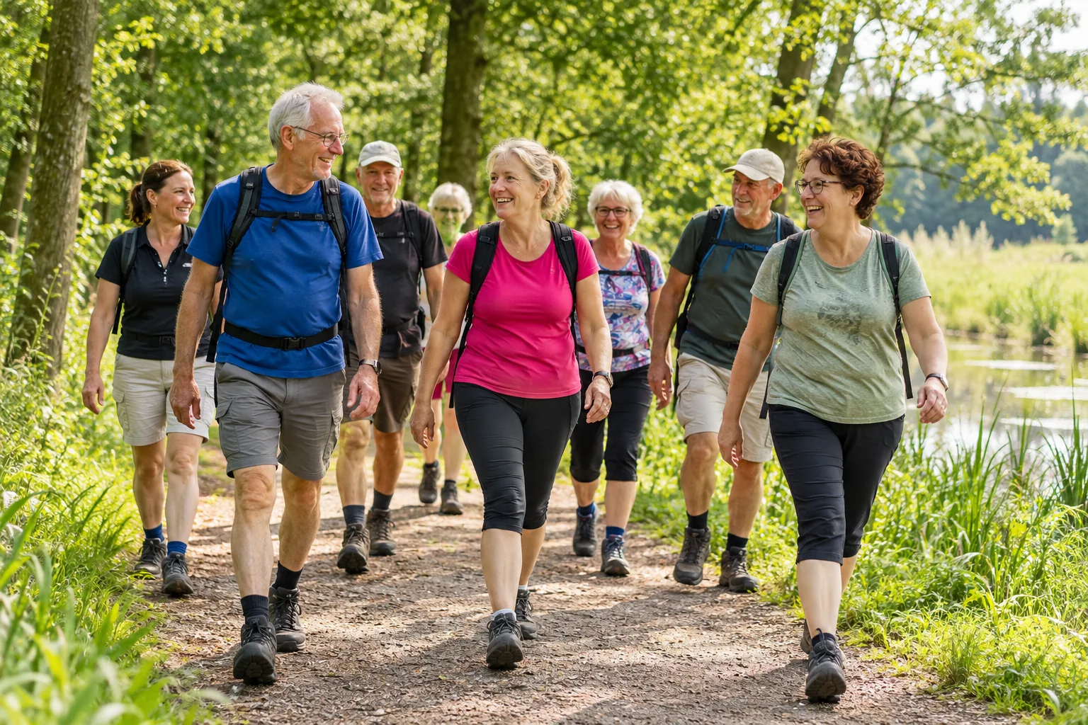 Een gezellige groep wandelaars loopt samen over een groen bospad