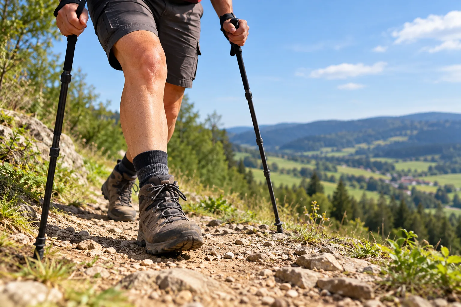 Wandelaar met twee wandelstokken op een stenig pad