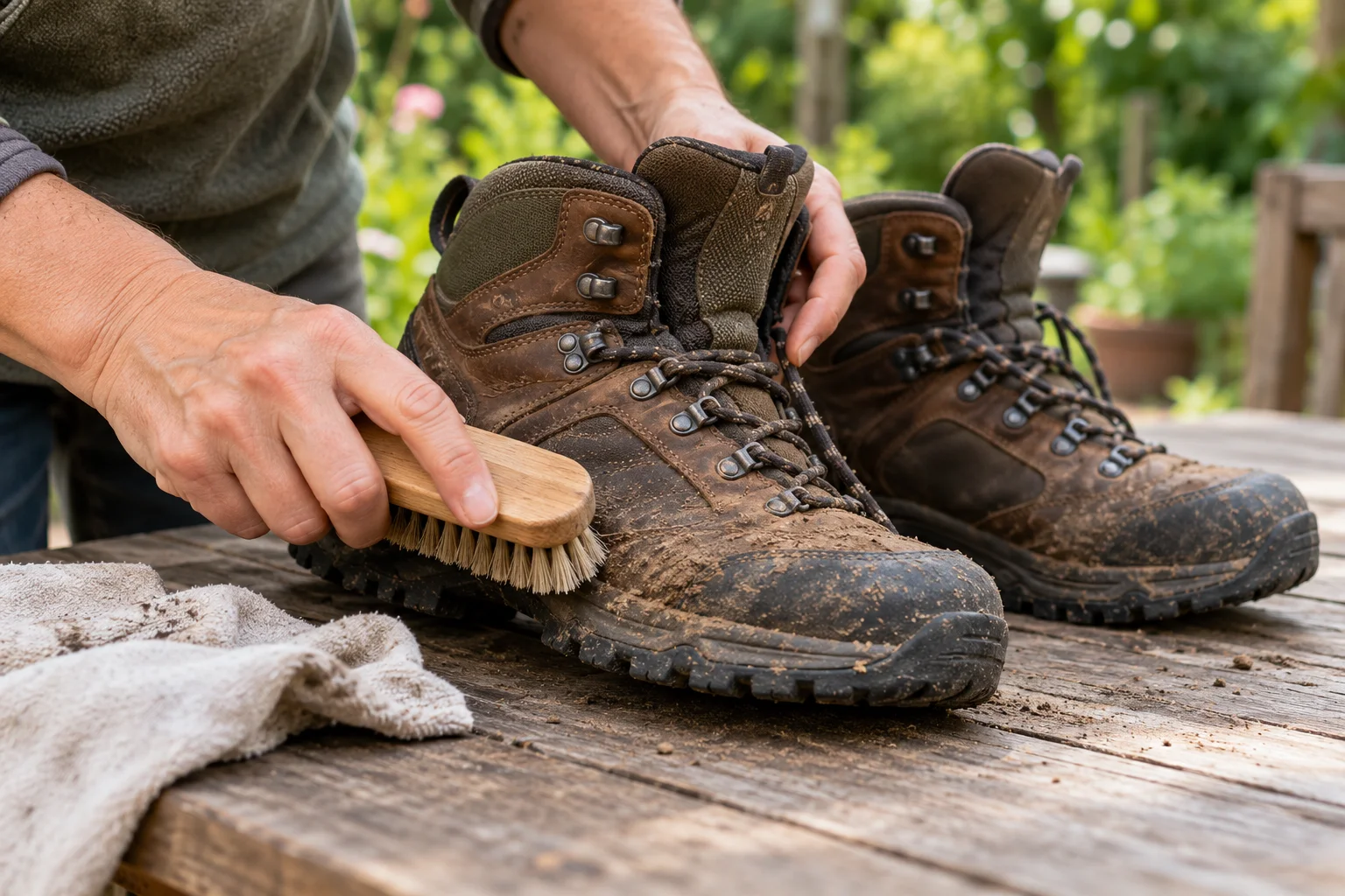 Illustratieve AI-afbeelding van wandelschoenen die met een borstel worden schoongemaakt