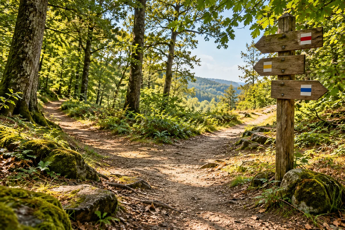 Bospaadjes die zich splitsen bij een houten wandelwegwijzer, zonder mensen